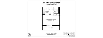 A floor plan for a Bachelor unit at 100 King Street East.