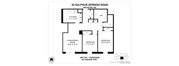 A floor plan for a 927 square feet unit with a living/dining room, kitchen, and two bedrooms.