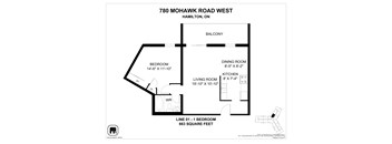 A floor plan for a one bedroom apartment at 780 Mohawk Road West, Hamilton, ON.