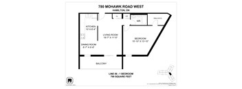 A floor plan for a one bedroom apartment at 780 Mohawk Road West, Hamilton, ON.