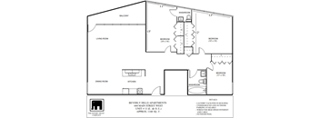 A black and white diagram of a floor plan for apartment living.