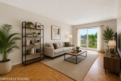 A living room with a white sofa, a coffee table, a bookshelf, and a potted plant.