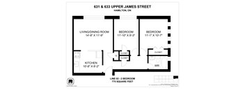 A floor plan for a two bedroom apartment at 631 & 633 Upper James Street, Hamilton, ON.