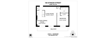 A floor plan for a small apartment at 180 Stinson Street in Hamilton, ON.