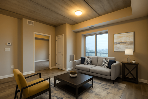 A living room with a grey couch, a yellow chair, and a coffee table.