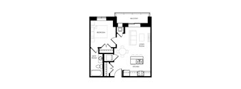 A black and white floor plan of a house with a balcony, living room, kitchen, bathroom, and bedroom.