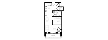 A black and white image of a floor plan for a small apartment.