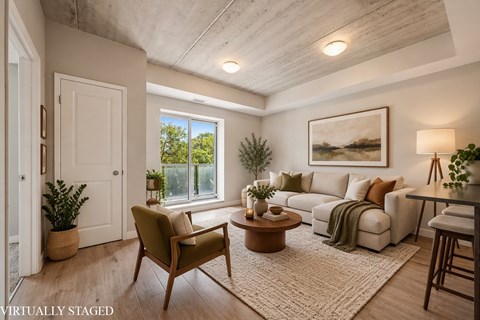 A living room with a brown chair and a white couch.