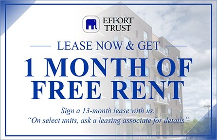 A sign advertising a 1 month free rent offer from Effort Trust.