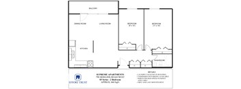 A floor plan of a 2 bedroom apartment for rent.