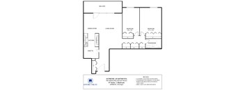A floor plan of apartment with a balcony, two bedrooms, a living room, a dining room, a kitchen, and a laundry room.