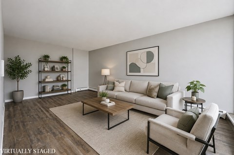A living room with a couch, a coffee table, and a potted plant.