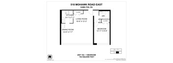 A floor plan for a 702 square foot apartment at 518 Mohawk Road East in Hamilton, ON.