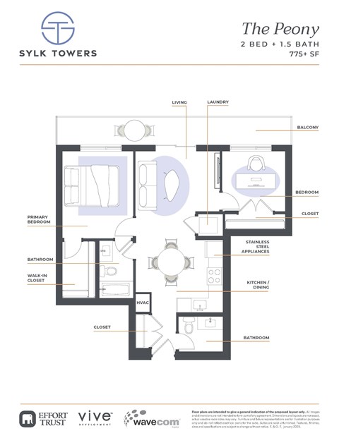 Peony Floor Plan at Sylk Towers, Kitchener, ON N2A 1B1