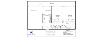 A floor plan for a terrace apartment shows a living room, dining room, kitchen, and three bedrooms.