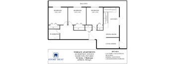 A floor plan of a three bedroom apartment with a living room, dining room, kitchen and three bathrooms.