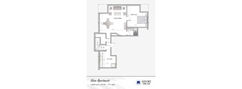 A floor plan of a one bedroom apartment from Union Apartments.