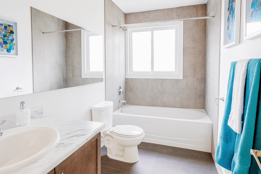 A white toilet sits next to a white bathtub in a bathroom.