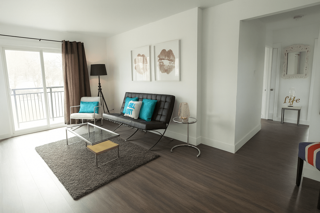 A living room with a sofa, a coffee table, and a rug.