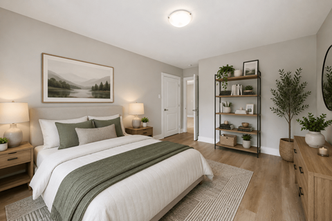 A well-lit bedroom with a large bed and a painting on the wall.