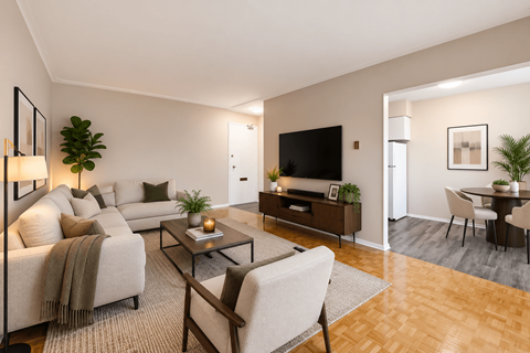 A living room with a grey couch, a coffee table, a television, and a dining table.
