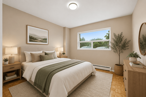 A well-lit bedroom with a large bed and a view of the outdoors through the window.
