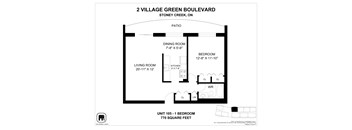 A floor plan for a 1 bedroom unit at 2 Village Green Boulevard.