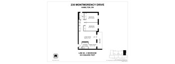 A floor plan for a 2 bedroom apartment at 230 Montmorency Drive, Hamilton, ON.