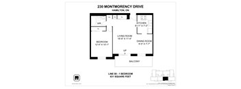 A floor plan for a one bedroom apartment at 230 Montmorency Drive, Hamilton, ON.