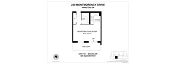 A floor plan for a 389 square foot unit at 230 Montmorency Drive, Hamilton, ON.