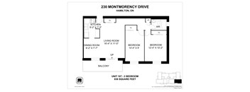 A floor plan for a 2 bedroom apartment at 230 Montmorency Drive, Hamilton, ON.