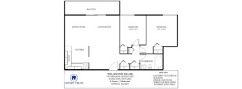 A floor plan of a two bedroom apartment with a living room, dining room, kitchen and two bedrooms.