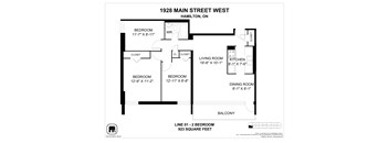 A floor plan for a 1 bedroom apartment at 1928 Main Street West, Hamilton, ON.