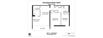 A floor plan for a 1 bedroom apartment at 1928 Main Street West, Hamilton, OH.