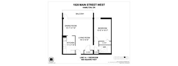 A floor plan for a 1 bedroom apartment at 1928 Main Street West, Hamilton, ON.