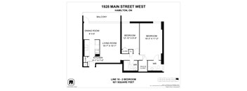A black and white image of a floor plan for a 1 bedroom apartment.
