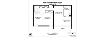 A floor plan for a unit at 1928 Main Street West in Hamilton, Ontario, showing a bedroom, living room, kitchen, dining room, and patio.