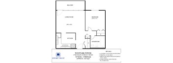 A floor plan of a one bedroom apartment with a living room, kitchen and bathroom.