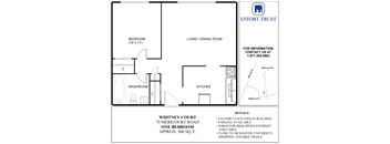 A floor plan for a property with a bedroom, living/dining room, kitchen, and washroom.
