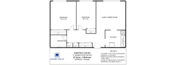 A floor plan of a 2 bedroom apartment with details of the apartment and its features.