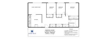 A floor plan of a Whitney Court apartment showing a living room, kitchen, and three bedrooms.
