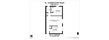 A floor plan for a unit at 76-78 Mericourt Road, Hamilton, On shows a living/dining room, a bedroom, and a kitchen.