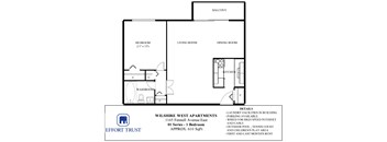 A floor plan for a 1 bedroom apartment with a laundry facility in the building.