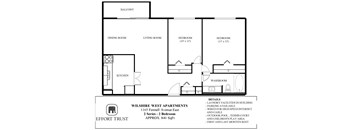 A floor plan of an apartment with a laundry facility in the building.