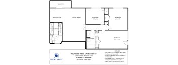 A floor plan for Wilshire West Apartments shows a living room, dining room, kitchen, and three bedrooms.