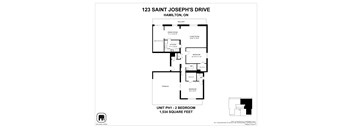 A floor plan for a 2 bedroom apartment at 123 Saint Joseph's Drive, Hamilton, ON.