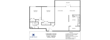 A floor plan for a Yorkshire Towers apartment shows two bedrooms, a living room, a dining room, a kitchen, a washroom, and a balcony.