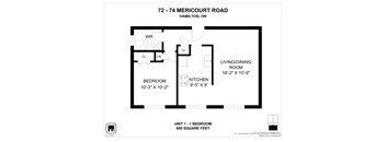 A floor plan for a one bedroom apartment at 72-74 Mericourt Road, Hamilton, On.