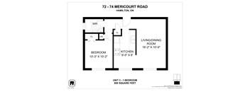 A floor plan for a one bedroom unit at 72-74 Mericourt Road, Hamilton, On.