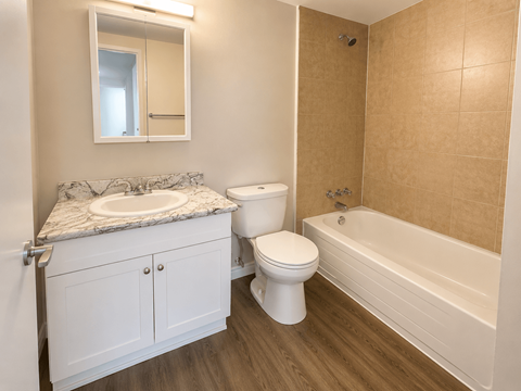 A bathroom with a toilet, sink, and bathtub.